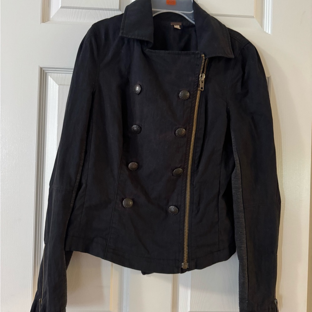 FREE PEOPLE BLACK MOTO JACKET MILITARY STYLE, Discolouration in front, As Is